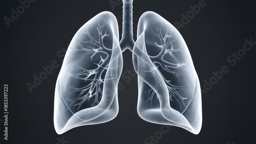 Transparent human lungs illustration showing detailed bronchial branches against a dark background for medical use