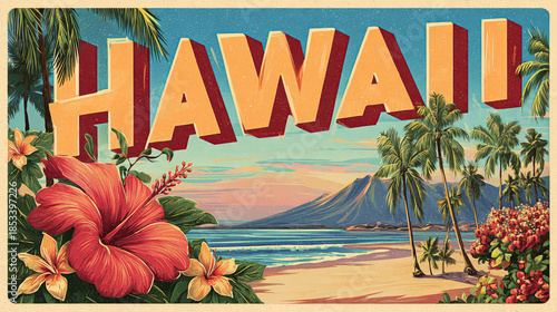 Vintage Hawaii postcard with scenic illustration concept. Vintage Hawaiian postcard featuring vibrant flowers and ocean view.