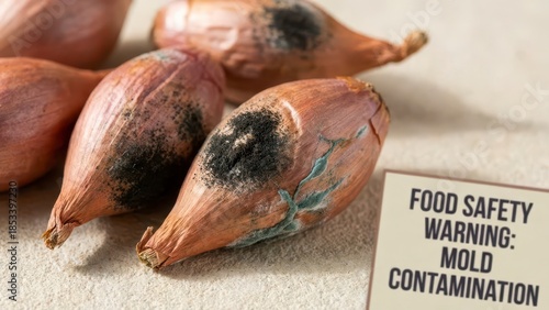 Moldy Shallots on Table With Food Safety Warning Sign About Contamination Risk for Public Awareness in Grocery Settings