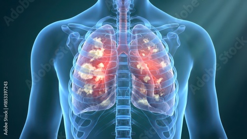 Detailed anatomical illustration of human lungs featuring highlighted areas indicating potential concern or respiratory issues