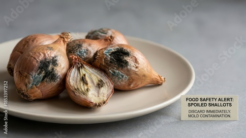 Spoiled Shallots on Plate with Mold Contamination Warning for Food Safety and Health Awareness