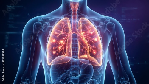 Detailed Anatomic Illustration of Human Lungs with Radiant Blood Vessels and Bronchial Structure on a Futuristic Background