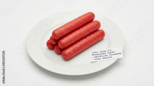 Processed Meat Sausages on White Plate with Warning Label About Quality and Health Risks of Artificial Ingredients