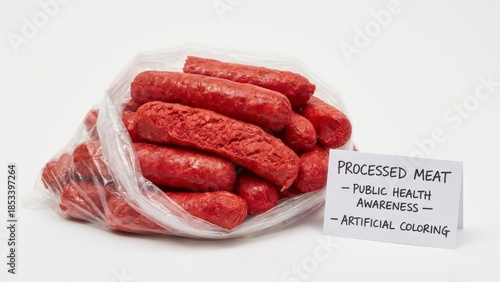 Processed Meat in Plastic Bag with Sign on Health Risks and Artificial Coloring Concern for Public Awareness Campaign