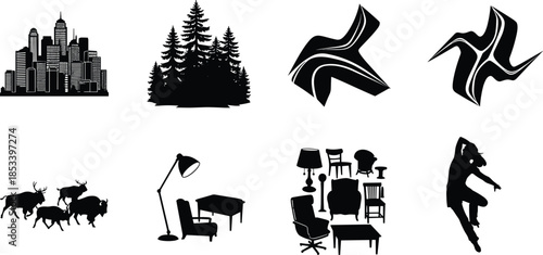 Birds on wire, silhouette grid, black and white vector, social posture, minimal design, artistic composition, perched flock, abstract arrangement