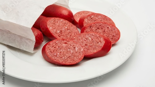 Slices of vibrant red sausage on a white plate with a crumpled paper bag, ready for culinary preparation or tasting event.