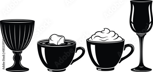 Drinkware silhouettes set, coffee cups mugs wine glasses, hot beverage foam ice cube, cafe bar icons, black vector illustration isolated