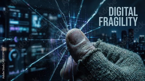 cyber privacy rights fingerprint technology concept. Broken screen with a finger symbolizing digital fragility.