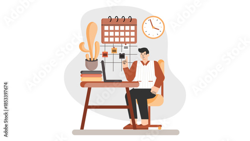 Flat illustration of employee daily routine in office