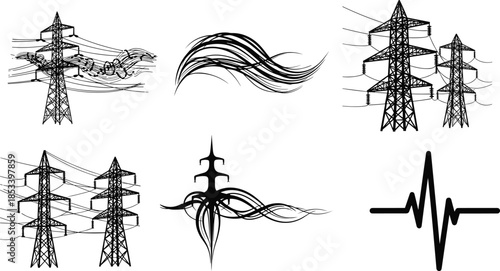 Electric transmission tower illustrations, flowing energy lines and pulse symbols, abstract power grid elements, black and white vector design