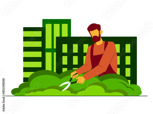 Gardener trimming plants in a rooftop garden setting. Urban farming vector illustration. Flat illustration concept.