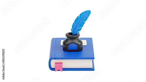 3D Icon: Blue Book, Inkwell, and Feather Pen on White Background