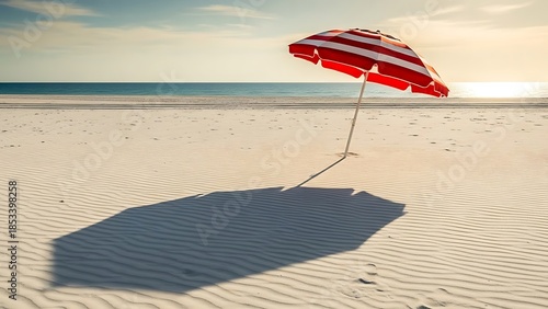 Red and white striped beach umbrella casting a long shadow on a sandy beach with gentle waves ocean