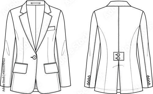 Men tailored blazer jacket technical flat, front and back view, fashion CAD drawing, clean line art vector illustration