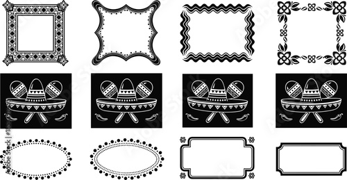 Mexican fiesta vector set with sombrero and maracas, decorative ornamental frames collection, black and white party design elements, Cinco de Mayo border illustration.