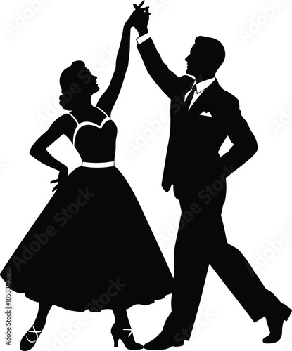 Mid-Century Rockabilly Couple Dancing Silhouette, Swing Dance Partner in 1950s Dress and Suit, Vintage Style Black and White Vector Illustration for Retro Design
