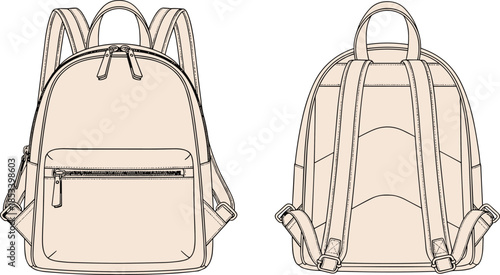 Mini Backpack CAD Drawing Flat Vector Illustration Front and Back View for Fashion Accessories Design Technical Specification and Bag Template