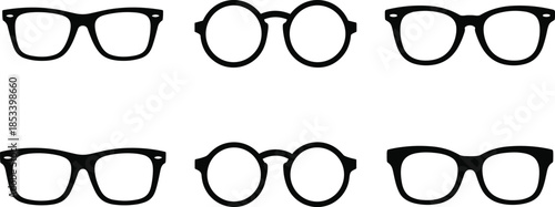 Minimal black vector illustration of assorted eyeglass frame styles arranged in two rows, featuring round and square shapes for fashion design, branding, and optical projects