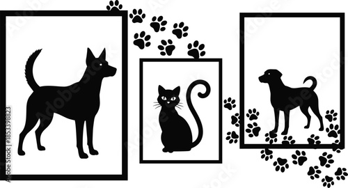 Minimalist dog and cat silhouette frames, black vector pet wall art illustration, cute animal paw prints background, decorative puppy and kitten set.