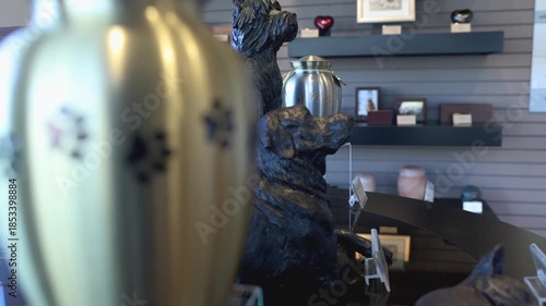 Pet cremation funerary urn on table showing funerary products