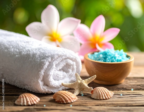Spa scene of rolled towel, flowers, seashells, and salt