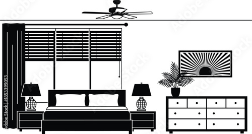 Modern bedroom interior flat design, cozy home furniture layout, minimalist sleeping room decor, black white cad drawing flat vector illustration