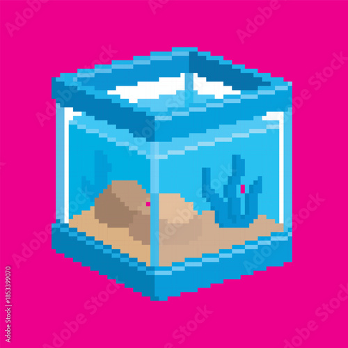 Aquarium pixel art, illustration on isolated background.
