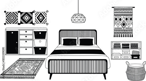 Modern bedroom interior vector illustration with bed, storage furniture, decorative pillows, rugs, wall art, shelving and woven basket for stylish home design