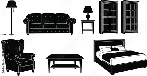 Modern home furniture set vector illustration, living room and bedroom interior elements including sofa, armchair, bed, wardrobe, table, lamp silhouettes