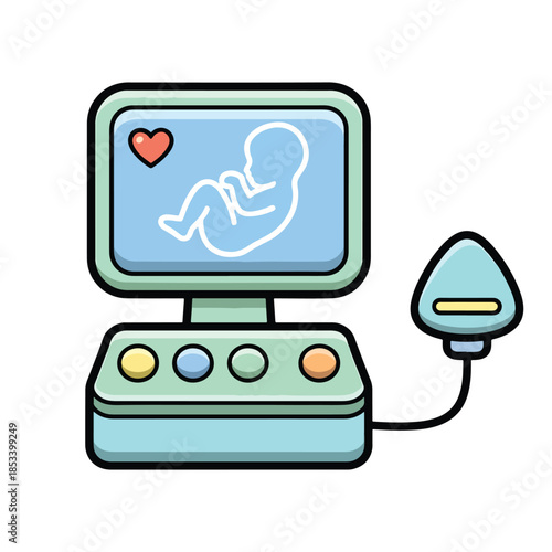 Medical fetal monitor device showing baby on screen and heart vector illustration.
