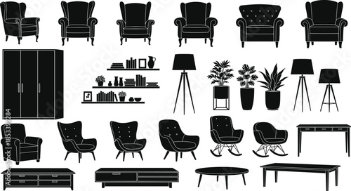 Modern home furniture vector silhouettes set, armchairs, tables, lamps, plants, shelves, wardrobe, interior decor elements for stylish contemporary living room illustration