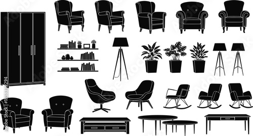 Modern home furniture silhouettes vector set, chairs, tables, lamps, plants, shelves, wardrobe, interior decor collection for contemporary living room design illustration