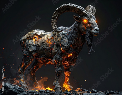 Mysterious Fiery Ram With Glowing Eyes Standing On Dark, Rocky Terrain