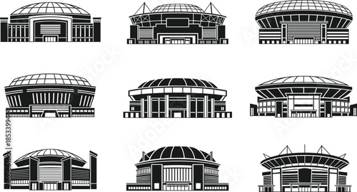Modern stadium and arena building icons set, architectural sports venues silhouettes, black and white vector illustration collection for events branding design
