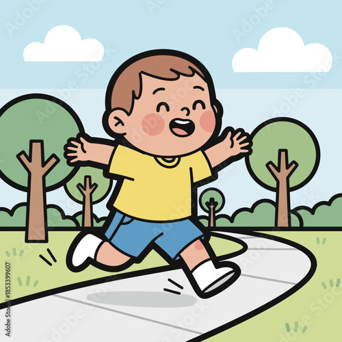 Happy little boy running on a winding path in a sunny park