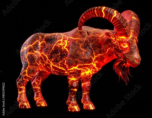 A formidable mythical ram, its powerful form glowing with molten lava and fiery energy, emanating an intense heat and raw strength against a dramatic dark backdrop