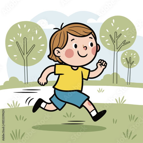 Happy little boy running in a sunny park with trees