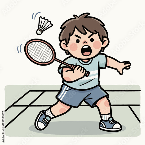 Young boy enthusiastically playing badminton on court