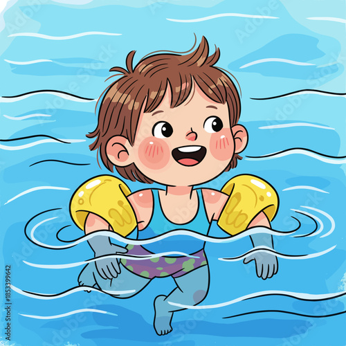 Happy child playing in pool with inflatable arm bands on