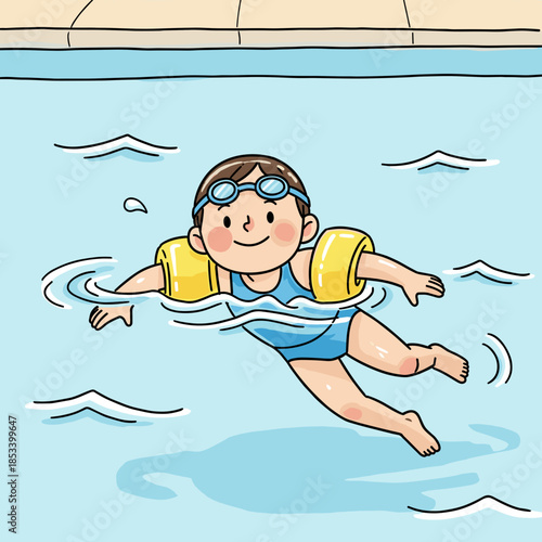 Happy child learning to swim with yellow floaties in pool