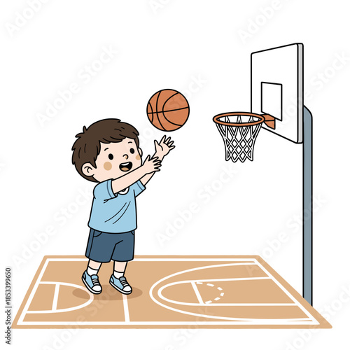 Young boy shooting basketball in cartoon style on outdoor court