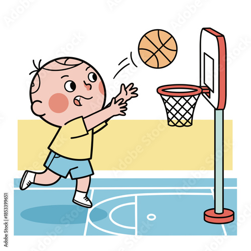 Happy little boy playing basketball on outdoor court with hoop