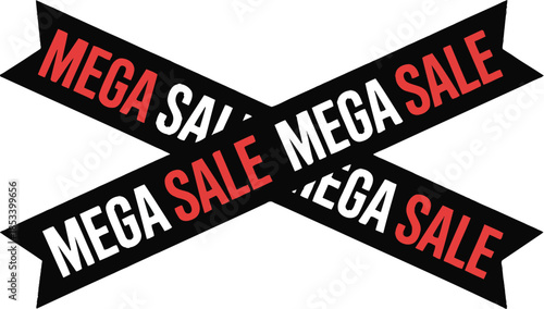 Vector illustration of black crossed ribbons with Mega Sale text in red and white colors isolated on white background for retail promotion.
