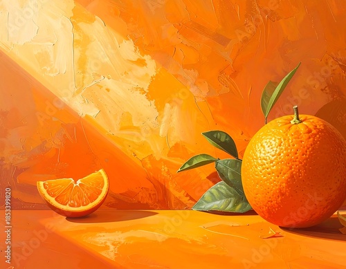 Still life of an orange with leaves and a slice in front of a textured orange background