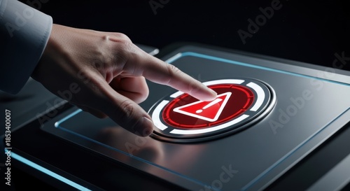 Businessman finger pressing glowing red warning alert button on futuristic control panel, for urgent security breach, critical system failure, immediate danger notification