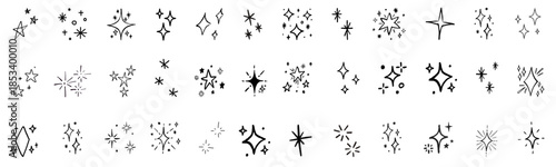 Hand drawn star spark doodle element icon set. Hand drawn sketch doodle style. Star shape twinkle glitter spark shine crayon grunge brush line icons.  vector illustration 