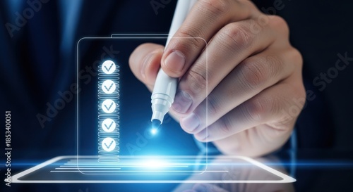 Businessman hand checking off completed tasks on glowing digital checklist interface with glowing checkmarks, for successful project completion, goal achievement, efficient task management
