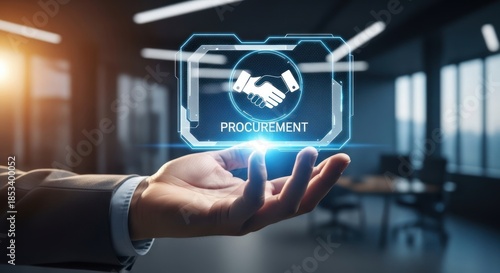 Businessman hand holding glowing digital interface with handshake icon word procurement, for successful business deal, contract agreement, supply chain management strategy