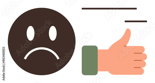 Sad emotive face symbol paired with a positive thumbs-up gesture depicting contrast between unhappiness and encouragement. Ideal for emotion, mental health, teamwork, feedback, communication