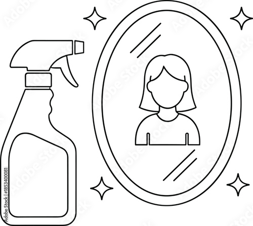 Cleaning spray bottle next to a sparkling clean oval mirror reflecting a woman face silhouette representing household chores, home hygiene, and glass surface maintenance.